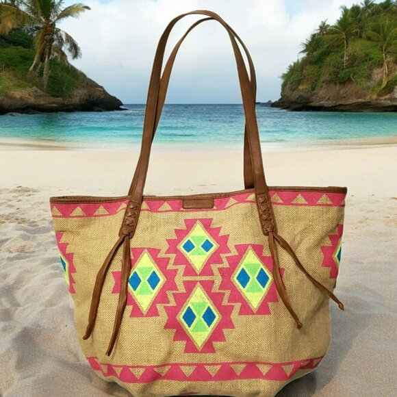 Billabong Boho Tote Beach Bag Southwest Purse Aztec Burlap Lined Hobo Tan Pink - Picture 1 of 16